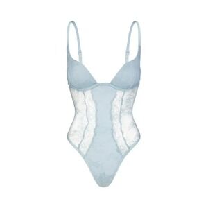 NEW NWT Skims Ultra Fine Lace Lightly Lined Plunge Bodysuit Denim Snap Closure L